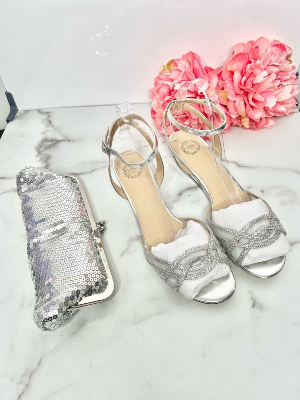 I. MILLER “Fara” Metallic Glitter Wedges & LOFT Sequin Evening Clutch